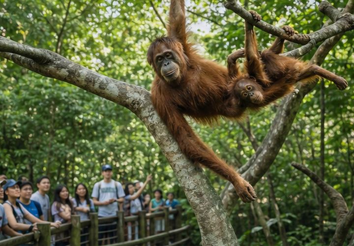 Orang utan bergerak di antara pokok tinggi